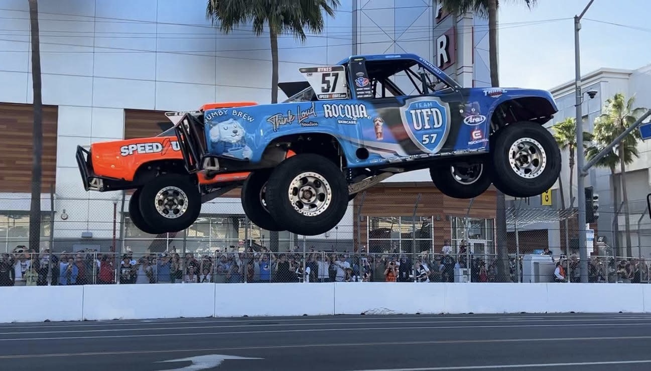 Bill Hynes Team UFD #57 Stadium SUPER Truck jumping at Long Beach Grand Prix